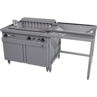 MKN elektrische bulk friteuse, kantelmotor links, uitleksysteem rechts